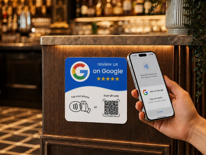 Adhesivo con NFC y código QR junto a un teléfono