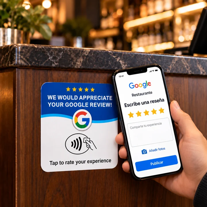Adhesivo NFC Google Review junto a un teléfono