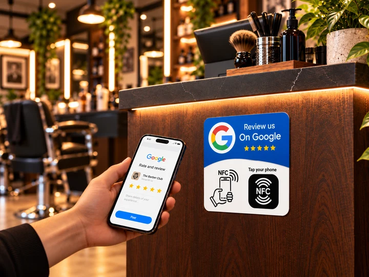 Adhesivo NFC sin QR junto a un teléfono en una barbería