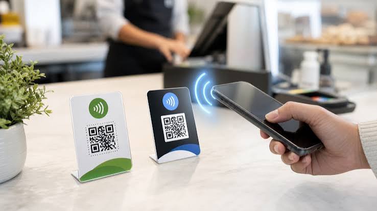 Soportes con códigos QR sobre un mostrador junto a un teléfono