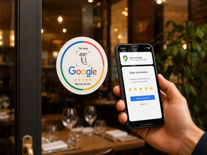 Pegatina adhesiva NFC Google Review en un escaparate