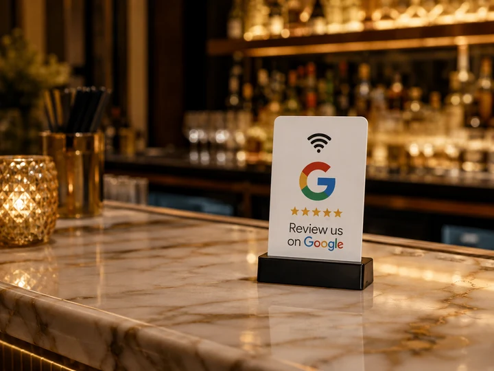 Tarjeta NFC Google Review sobre un mostrador
