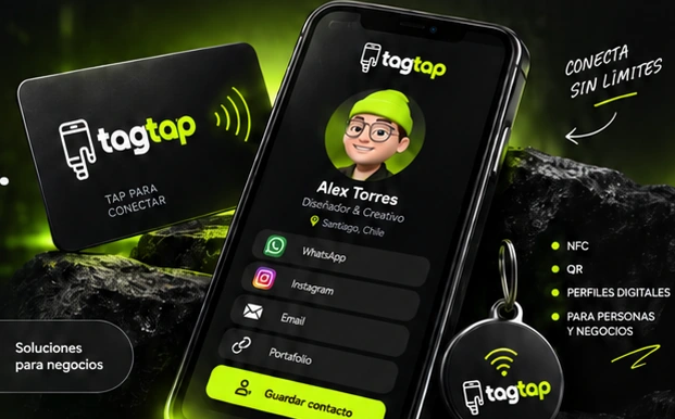 Ejemplo de un perfil digital Tagtap en un teléfono, junto a una tarjeta NFC y un llavero