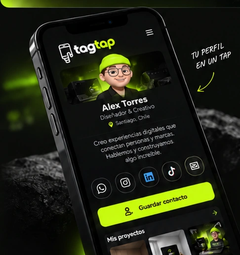 Ejemplo ilustrativo de perfil Tagtap con enlaces, proyectos y botón para guardar contacto